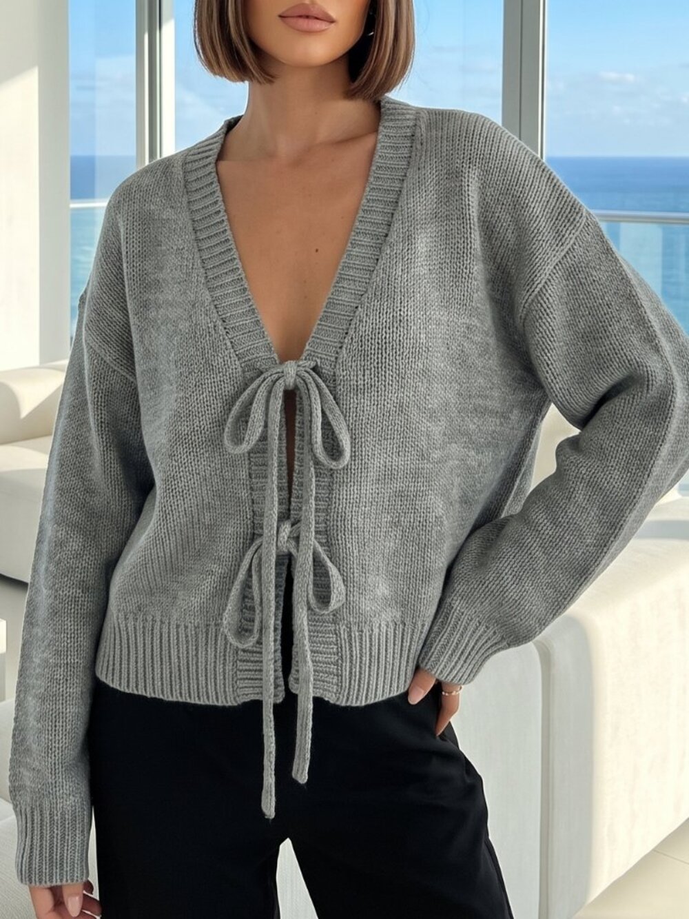 NWT Anthropologie Gray Tie-Front V-Neck Cardigan L